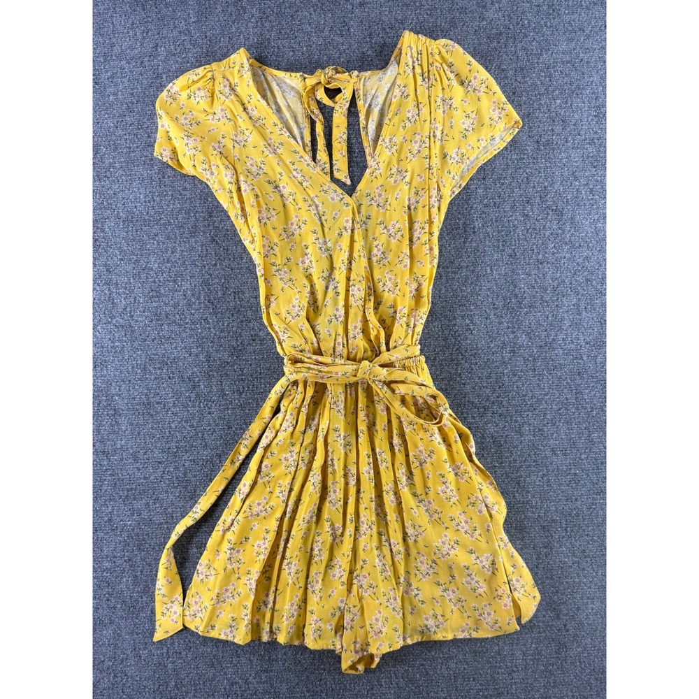 American Eagle Yellow Floral Romper V-Neck Tie Waist Cutout Back Womens Small